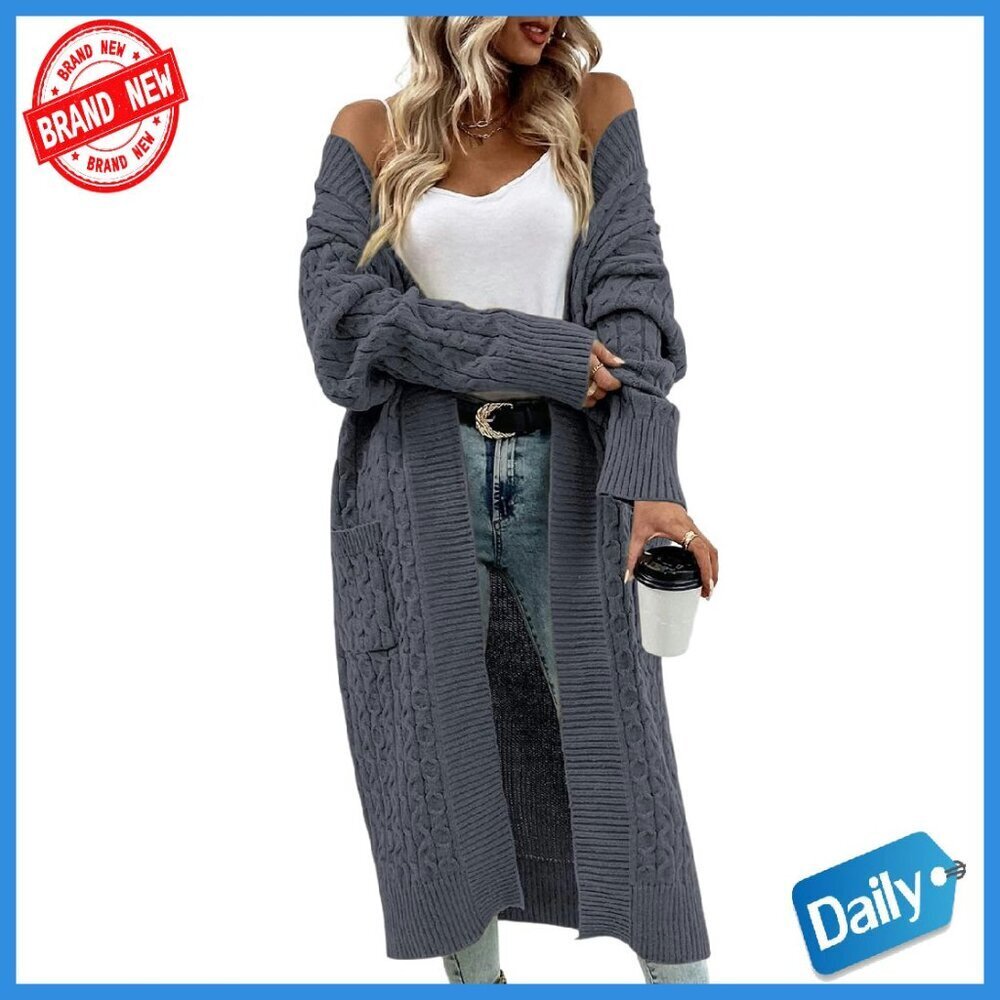 Long Cable Knit Cardigan Sweater with Pockets Open Front Oversized